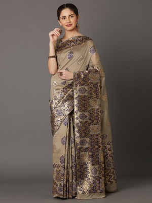 BOVTY Printed Banarasi Jacquard, Cotton Silk Saree(Beige)