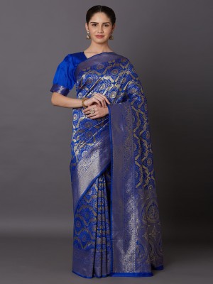 KULNAARI Temple Border, Woven, Animal Print Dharmavaram Silk Blend, Jacquard Saree(Blue)