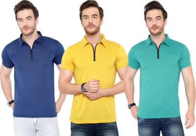 Tivy Solid Men Polo Neck Dark Blue, Green, Yellow T-Shirt