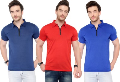 Adorbs Solid Men Polo Neck Dark Blue, Red, Blue T-Shirt