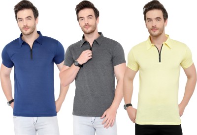 Tivy Solid Men Polo Neck Blue, Grey, Yellow T-Shirt