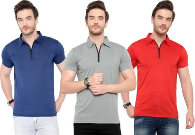 Adorbs Solid Men Polo Neck Dark Blue, Red, Grey T-Shirt