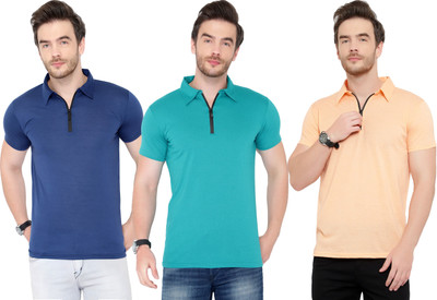 Adorbs Solid Men Polo Neck Dark Blue, Blue, Beige T-Shirt