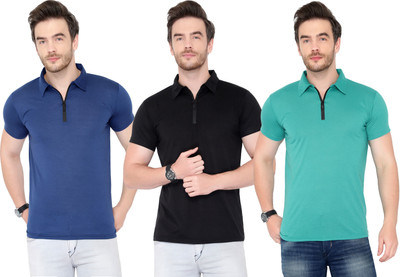 Adorbs Solid Men Polo Neck Dark Blue, Light Blue, Black T-Shirt