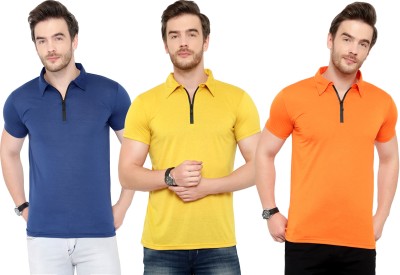 Tivy Solid Men Polo Neck Dark Blue, Orange, Yellow T-Shirt