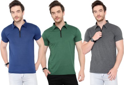 Adorbs Solid Men Polo Neck Dark Blue, Dark Green, Grey T-Shirt