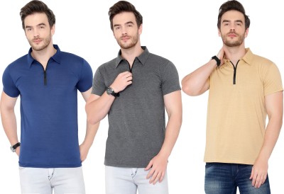 Tivy Solid Men Polo Neck Blue, Beige, Grey T-Shirt