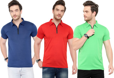 Adorbs Solid Men Polo Neck Dark Blue, Red, Light Green T-Shirt