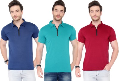 Adorbs Solid Men Polo Neck Dark Blue, Light Blue, Maroon T-Shirt