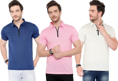 Adorbs Solid Men Polo Neck Dark Blue, Pink, Grey T-Shirt