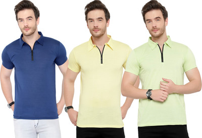Adorbs Solid Men Polo Neck Dark Blue, Light Green, Yellow T-Shirt