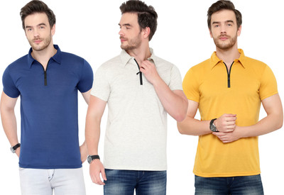 Adorbs Solid Men Polo Neck Dark Blue, Grey, Yellow T-Shirt