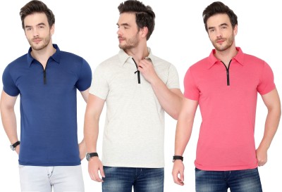 Adorbs Solid Men Polo Neck Blue, Pink, Grey T-Shirt