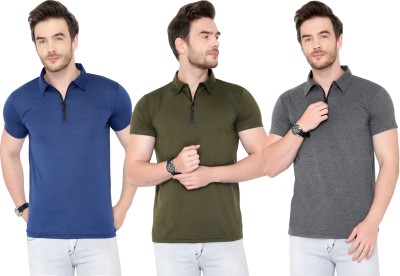 Adorbs Solid Men Polo Neck Green, Blue, Grey T-Shirt