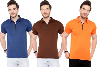 Tivy Solid Men Polo Neck Brown, Blue, Orange T-Shirt