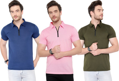 Tivy Solid Men Polo Neck Dark Blue, Dark Green, Pink T-Shirt