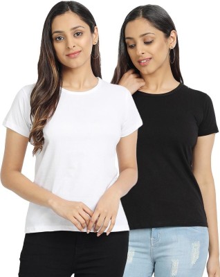 Geffie Solid Women Round Neck White, Black T-Shirt