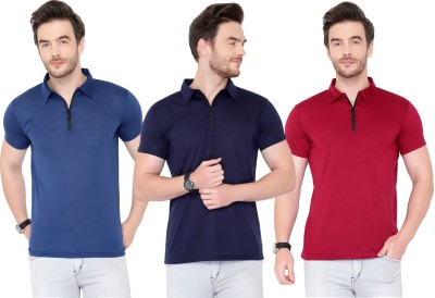 Adorbs Solid Men Polo Neck Dark Blue, Maroon T-Shirt