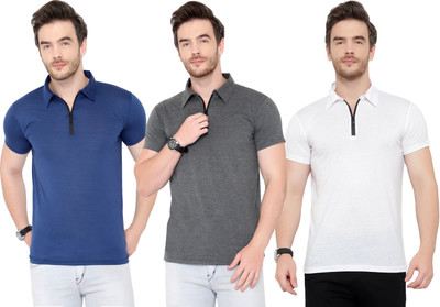 Tivy Solid Men Polo Neck White, Blue, Grey T-Shirt