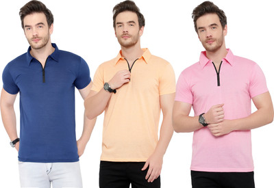 Tivy Solid Men Polo Neck Dark Blue, Pink, Beige T-Shirt
