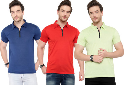 Adorbs Solid Men Polo Neck Dark Blue, Red, Light Green T-Shirt
