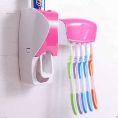 CHITKABRA Automatic Toothpaste Dispenser and 5 Toothbrush Holder for Home Bathroom Plastic Toothbrush Holder(White, Pink, Wall Mount)