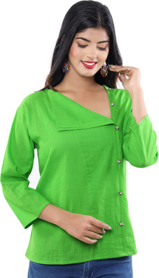 MK3A Casual 3/4 Sleeve Solid Women Light Green Top