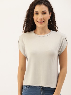 NUSH Casual Short Sleeve Solid Women Grey Top