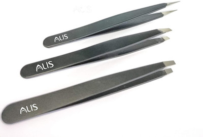 alis 3 Pieces Durable Stainless Steel Slant Pointed Flat-Tip Tweezer for Eyebrow Face Nose Hair Removal (Black)