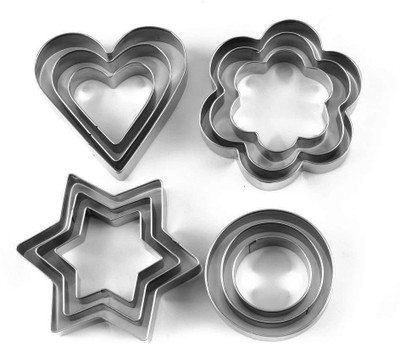 Cake Bake Mold 12 Pcs 4 Different Shapes Stainless Steel Biscuit Cutlet, Cookie Shaper,Cookie Cutter Mould Set Pastry Cake Muffin Jelly,Cookie Cutter with Shape Heart Round Star and Flower. Cookie Cutter(Pack of 12)