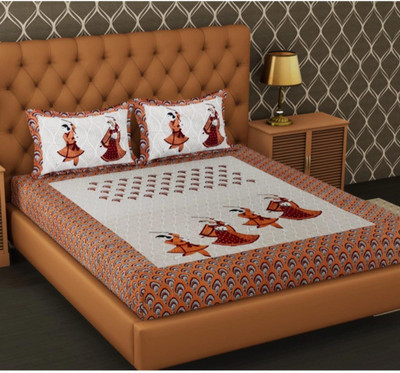 VIKANJALI FAB Cotton Double Flat 104 TC Jaipuri Prints Bedsheet(Pack of 1, Multicolor)