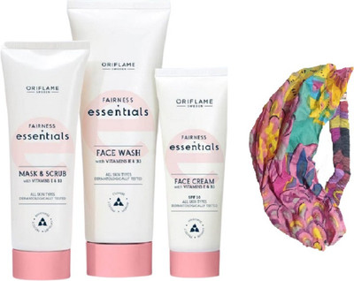 Oriflame Sweden Essential Fairness Facewash - Face Cream - Face Mask and Scrub with Vitamin E & B3 and HAIR/HEAD BAND(4 Items in the set)
