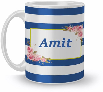 Beautum Name Amit Blue Stripes Pattern Printed Ceramic (350)ml Model No:NVS1202 Ceramic Coffee Mug(350 ml)