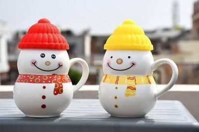 JOVILAN Ceramic Snowman Cup/Mug with Silicon Lid - 2 Pieces Ceramic Coffee Ceramic Coffee (300 ml, Pack of 2) Ceramic Coffee Ceramic Coffee Mug(300 ml, Pack of 2) Flipkart