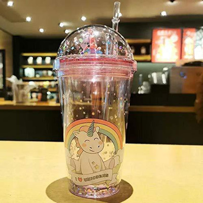 Absolute Evolution Unicorn Transparent Sipper/Water Bottle/Mason Jar/Tumbler with Straw for Kids Plastic Tumbler(380 ml)