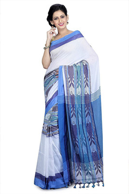sourav biswas Printed Tant Art Silk, Pure Cotton Saree(White, Blue)