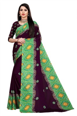 kirz web store Embroidered Bandhani Cotton Linen Saree(Green)