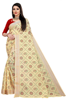 kirz web store Printed Bandhani Cotton Linen Saree(Cream)