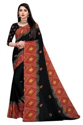 kirz web store Embroidered Bandhani Cotton Linen Saree(Black)