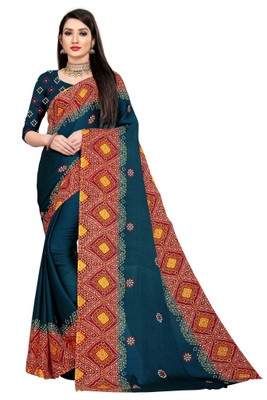 kirz web store Embroidered Bandhani Cotton Linen Saree(Dark Blue)
