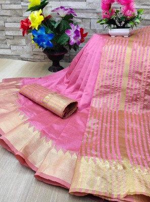 BPLASH FASHION Striped Maheshwari Cotton Silk Saree(Pink)