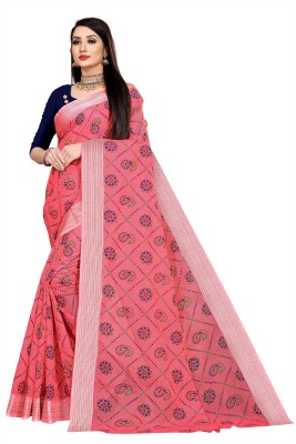 kirz web store Printed Bandhani Cotton Linen Saree(Pink)