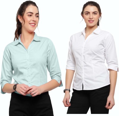 Blue Ronin Women Solid Formal Green, White Shirt(Pack of 2)