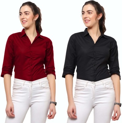 Blue Ronin Women Solid Formal Maroon, Black Shirt(Pack of 2)