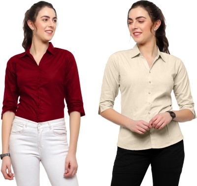 Blue Ronin Women Solid Formal Maroon, Beige Shirt(Pack of 2)