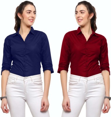 Blue Ronin Women Solid Formal Blue, Maroon Shirt(Pack of 2)