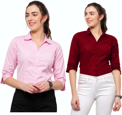 Blue Ronin Women Solid Formal Maroon, Pink Shirt(Pack of 2)