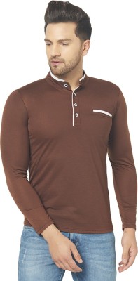 Unite Wear Solid Men Mandarin Collar Brown T-Shirt