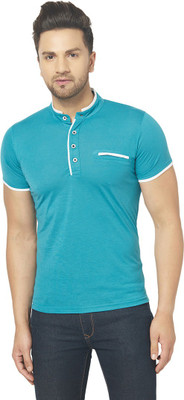 Adorbs Solid Men Mandarin Collar Dark Blue T-Shirt