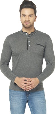 Bribzy Solid Men Mandarin Collar Grey T-Shirt